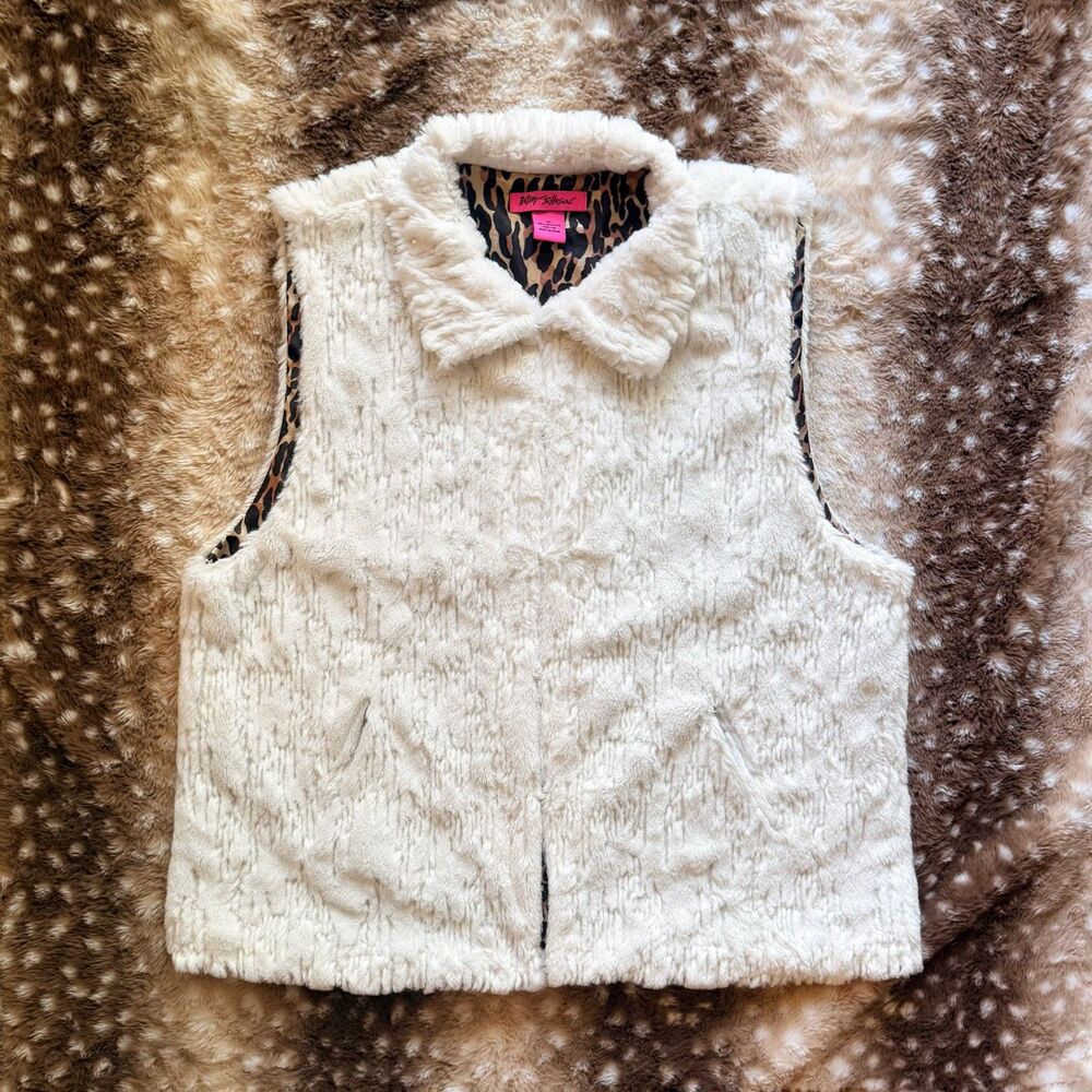Betsey Johnson Y2K White Faux Fur Vest Cheetah Lined Sequin XL